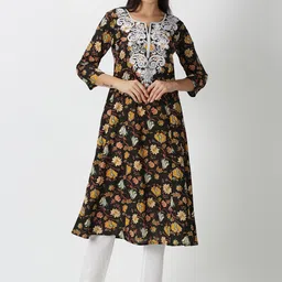Saffron Threads Floral Printed Chikankari Embroidered A-Line Kurta-image-90