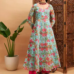 Shae by SASSAFRAS Blue & Pink Floral Printed V- Neck Chanderi Silk Anarkali Kurta-33