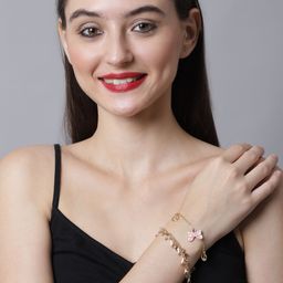 Madame Women Pack Of 2 Rose Gold & Pink Handcrafted Rose Gold-Plated Link Bracelet-4