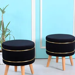 Shadowkart Black 2 Pieces Velvet & Wooden Round Ottomans-10