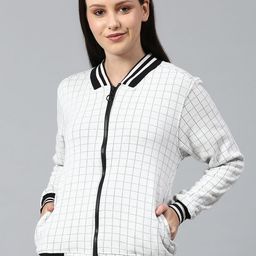 Campus Sutra Women Off White Checked Windcheater Outdoor Bomber Jacket with Embroidered-picture-43