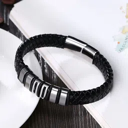 Yellow Chimes Men Black & Silver-Toned Wraparound Bracelet-image-60