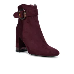 ROSSO BRUNELLO Burgundy Suede High-Top Block Heeled Boots with Buckles-1