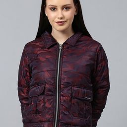 Campus Sutra Women Maroon Camouflage Windcheater Outdoor Puffer Jacket-picture-6