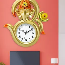 Attractionz Gold Toned & Red Round Shaped Textured Traditional Analogue Wall Clock-image-53
