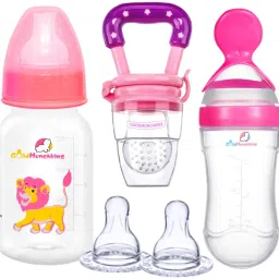 Baby Feeding Bottle, PP, BPA Free, 0m+Fruit Feeder+Food Feeder+2 Nipples (Pink)- Food Grade Silicone-image-10