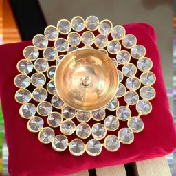 Lotus Shaped 6 inch Crystal Akhand Diya Brass Oil Lamp Tea Light Holder Brass, Crystal Table Diya-image-18