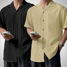 Men Regular Fit Self Design, Solid Lapel Collar Casual Shirt-picture-10