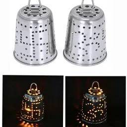 Stainless Steel Diya Glass Cover with Satiya & OM Design Holes & Hook | Medium | Stainless Steel (Pack of 2) Table Diya-20
