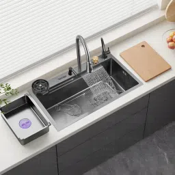 Kitchen Sink 304 Ss Heavy Body Modular Sink With Waterfall Pull Down Faucet Single Bowl Sink With All Accessories (Nano Black) (30 X 18 X 9 Inches), Matt Vessel Sink-image-17