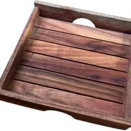 OGGN Slat Square Handle Wooden Serving Tray (8x8) | Multipurpose Wooden Tray Tray Serving Set-13