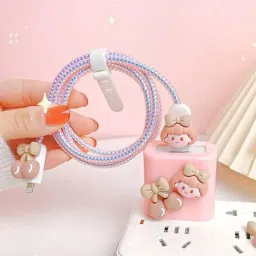 YouAndMeHub Charger Cover for iPhone 18W-20W Charger, 3D Cartoon Design Bow Face, Spiral Cable Protector-image-33