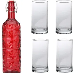Bottle & 4 Glass Serving Lemon Set, Red, Clear, Glass - A967 Jug Glass Set-image-95