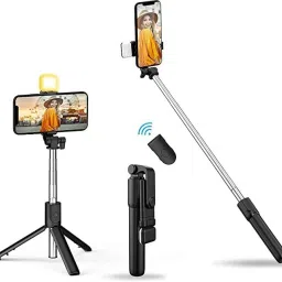 Setster Selfie Stick with led Light, Bluetooth Extendable Selfie Stick Tripod with Light Wireless Remote and Tripod Stand Compatible for All iPhone and Android Smartphone (70 cm), Black, (R1s) Bluetooth Selfie Stick-2