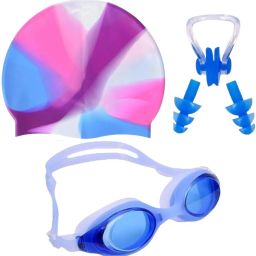 100% Silicone Anti Fog Swimming Goggles, Cap, Earplug & Noseplug Set (Black) Swimming Kit-image-52