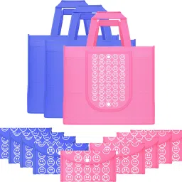 Pack of 12 Smile Foldable Grocery/Shopping Bags For Women | Dark Blue & Pink Pack of 12 Grocery Bags-image-97