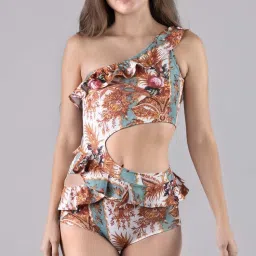 printed asymmetric frilledone piece padded swimsuit for women Printed Women Swim-dress Multicolor Swimsuit-image-1