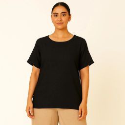 Women Solid Round Neck Cotton Blend Black T-Shirt-image-78