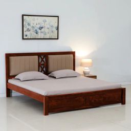 woodsworth from pepperfry Kryss Upholstered Sheesham Wood Queen Size Bed in Scratch Resistant Honey Oak Finish-picture-2