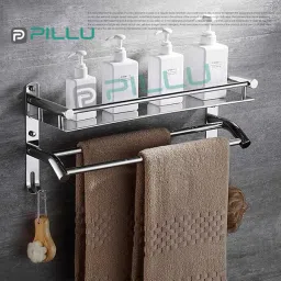 High Grade Stainless Steel 1 Layer Bathroom Shelf/Towel Rack 15 inch 2 Bar Towel Rod-image-19
