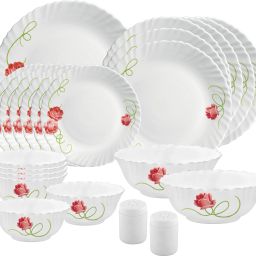 Pack of 23 Opalware DS {Dinner plate 10"(6 pcs) || Quarter plate 7.1"(6 pcs) || Round Rice plate 11"(1 pcs) || Serving bowl 850ml/ 6.5”(2 Pcs) || Veg bowl 175ml/4.3”(6 Pcs) || Salt & Pepper Pot 1.6"(2 pcs)} Dinner Set-6