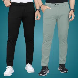 Pack of 2 Men Regular Fit Black, Light Green Cotton Blend Trousers-11