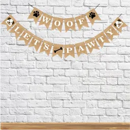Woof Let's Pawty Dogs Jute Birthday Banner - Pet Puppy Boys Girls Birthday Party Swallow - Paws Print Bone Doggie Adoption Party Decorations Banner-image-68