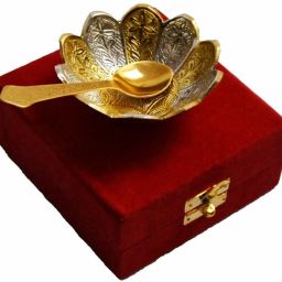 Brass Flower Shape Silver Plated Bowl and Spoon with Velvet Box Bowl, Spoon Serving Set-3