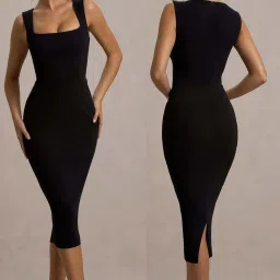 Women Bodycon Black Below Knee Dress-image-37