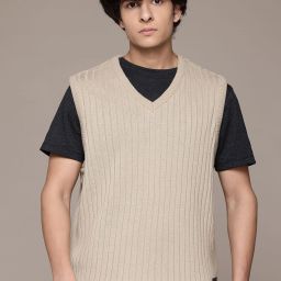 Men Self Design V Neck Beige Sweater-image-64