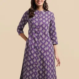KALINI Women Geometric Keyhole Neck Flared Sleeves Mirror Work Block Print Kurta-image-63