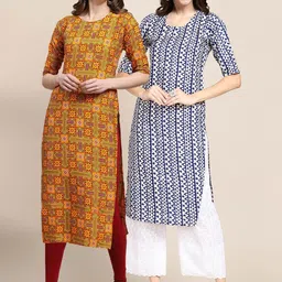 KALINI PACK OF 2 Women Mustard Ethnic Motifs Printed Block Print Handloom Crepe Kurta-8