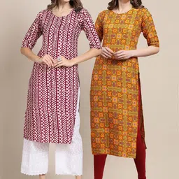 KALINI Women Pack of 2Mustard Yellow & Maroon Printed Handloom Crepe Kurta-image-8
