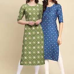 KALINI Women Green & Blue Pack Of 2 Geometric Printed Block Print Handloom Crepe Kurta-image-64