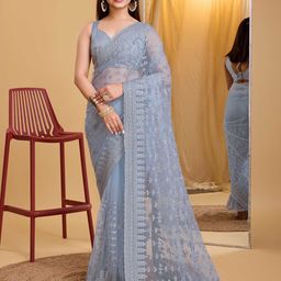 HERE&NOW Floral Embroidered Net Saree-image-29