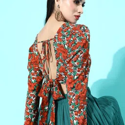 Berrylush Coral Red & Green Floral Print Puff Sleeves Styled Back Crop Top-image-25
