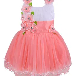 Wish Karo Girls Peach-Coloured Floral Embellished Net Dress-image-54