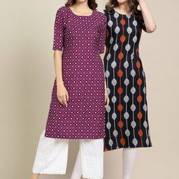 KALINI Pack Of 2 Women Black & Purple Ethnic Motifs Printed Straight  Crepe Kurta-image-78