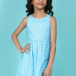 V-Mart Girls Polka Dot Printed Sleeveless Cotton Fit & Flare Dress-image-100