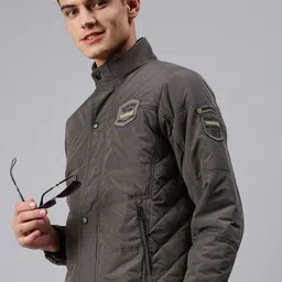 SHOWOFF Men Grey Colourblocked Bomber with Patchwork Jacket-image-77