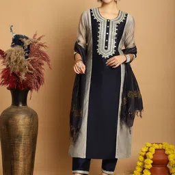 Tulsattva Ethnic Motifs Yoke Design Regular Thread Work Kurta With Trousers & Dupatta image 1