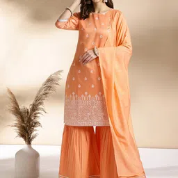 Anouk Ethnic Motifs Printed Round Neck Thread Work Straight Kurta with Sharara & Dupatta image 1