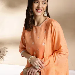 Anouk Ethnic Motifs Printed Round Neck Thread Work Straight Kurta with Sharara & Dupatta image 2