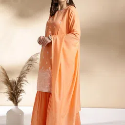 Anouk Ethnic Motifs Printed Round Neck Thread Work Straight Kurta with Sharara & Dupatta image 4
