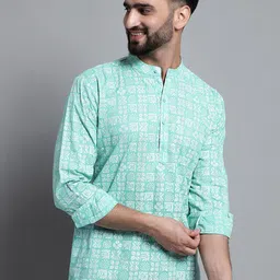 Anouk Mint Green Ethnic Motifs Printed Band Collar Cotton Short Kurta-picture-30
