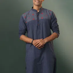 SHVAAS by VASTRAMAY Mandarin Collar Thread Work Cotton Straight Kurta-49