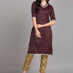 V TRADITION Chevron Woven Design Thread Work Cotton Kurta-42
