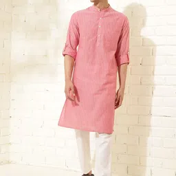 Fabindia Striped Band Collar Cotton Kurta-picture-54