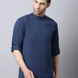 even Men Navy Blue Striped Pure Cotton Kurta-44