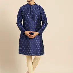 Amodh by Kisah Men Blue & Yellow Ethnic Motifs Printed Kurta-image-34